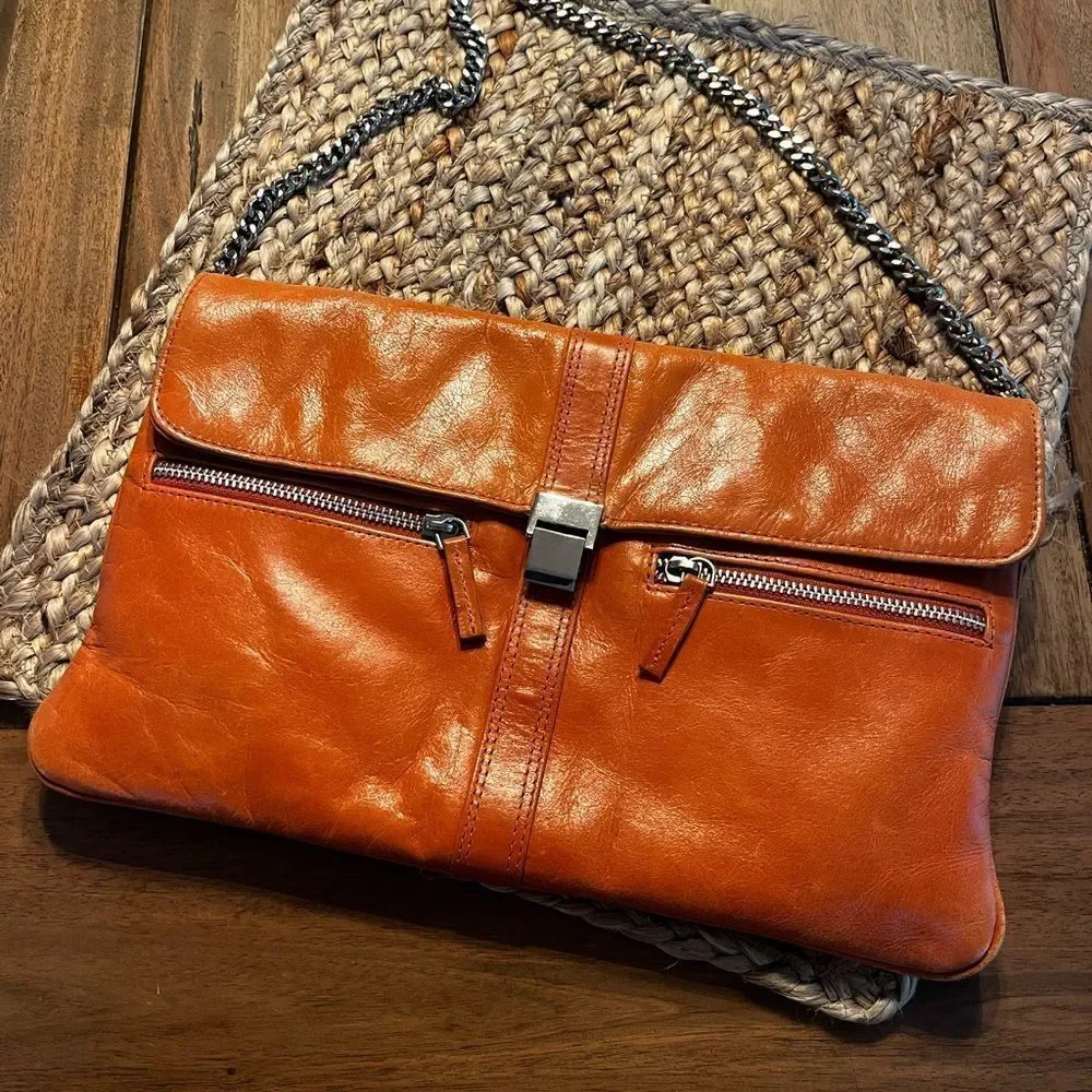 IRIS TYLER Elegant Tan Leather Shoulder Bag; measurements: 12x7 & 24 “ chain